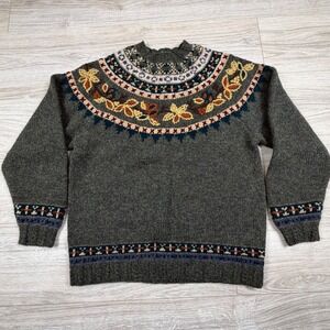 Cambridge Dry Goods Wool Sweater Floral Embroidered Fair Isle Yoke Grey Womens S